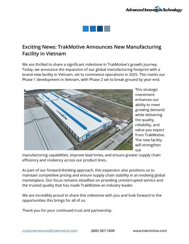 TrakMotive Announces New Manufacturing Facility in Vietnam